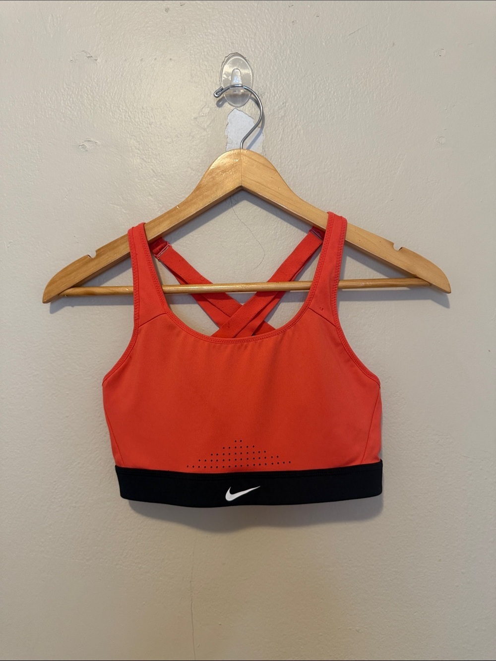 Nike Coral-Red Sports Bra with Black Contrast Band and Crisscross Straps
